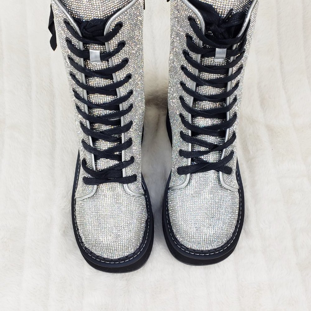 Super Sparkle Iridescent Rhinestone Platform Combat Mid Calf Boots 362 Emily - Picture 13 of 17